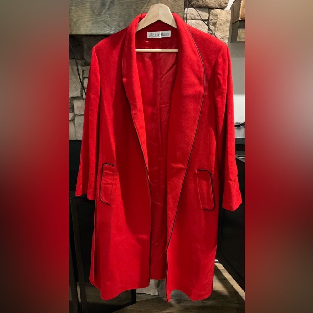 Vintage Alorna Vibrant Red Coat with Black Trim 100% Merino Wool